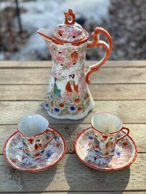 Antique Chocolate Pot Set - 1900s Dutani Geisha Girl Pattern Chocolate Pot